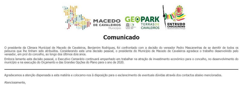 Pedro Mascarenhas demite-se da Câmara de Macedo de Cavaleiros