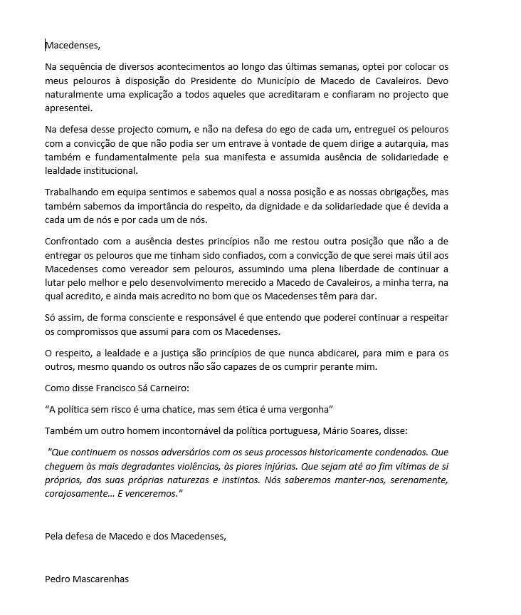 Pedro Mascarenhas demite-se da Câmara de Macedo de Cavaleiros